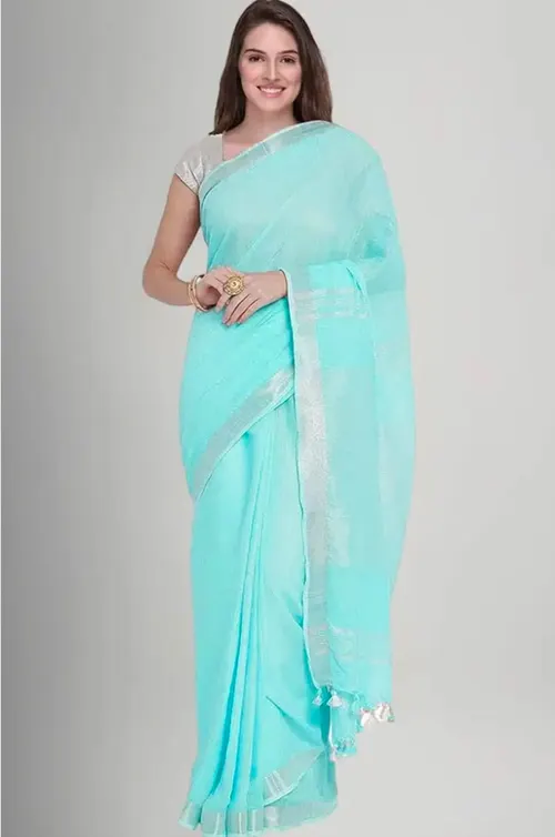 Aqua Blue Linen Saree with Silver Zari Border.
